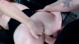 Pale ginger chick sucking stroking big fat cock