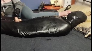 HUGE CUM IN SACK AFTER FOOT SMOTHERING AND LATEX HANDJOB IN CHASTITY LOCKED IN RUBBER HOOD BREATH